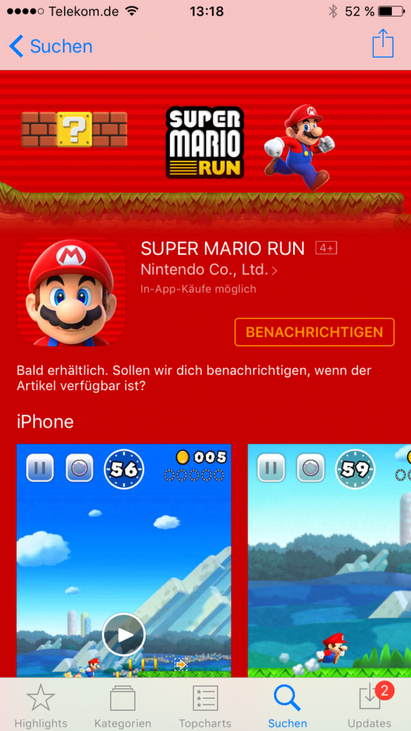 Man kann im App Store auswählen, ob man benachrichtigt werden möchte, sobald Super Mario Run verfügbar ist.
